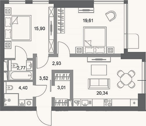 Планировка: 2-к, 72,5 м²