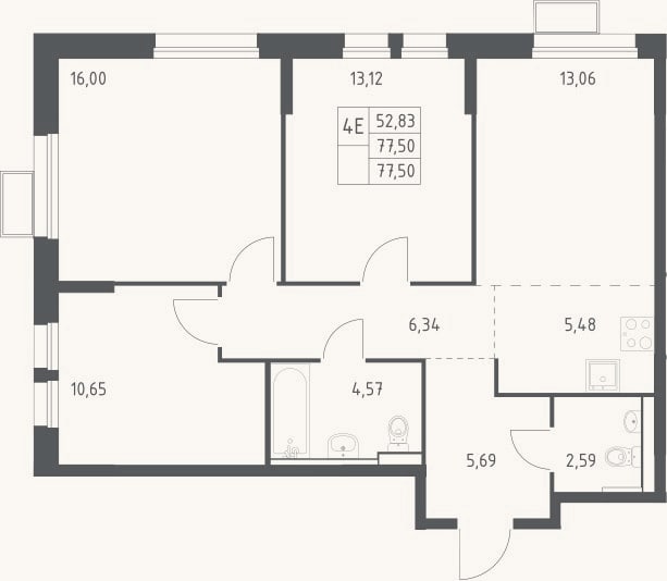 Планировка: 4+ к, 77,5 м²
