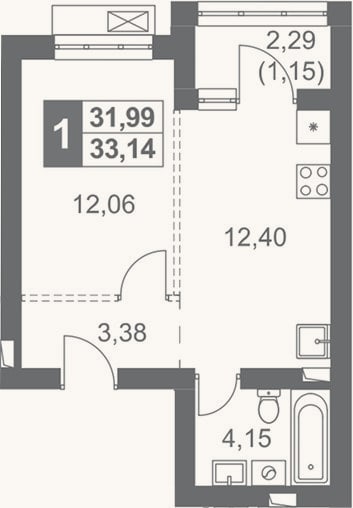 Планировка: 1-к, 32 м²
