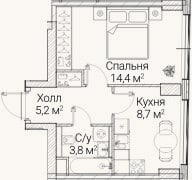 Планировка: 1-к, 32 м²