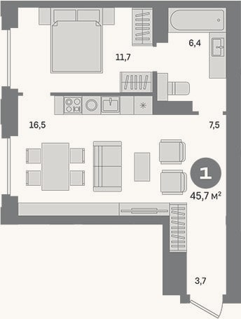 Планировка: 1-к, 45,7 м²