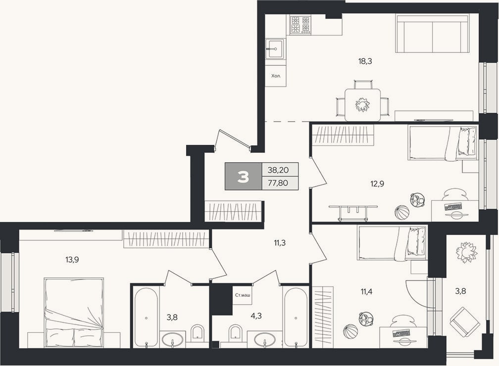 Планировка: 3-к, 75,9 м²