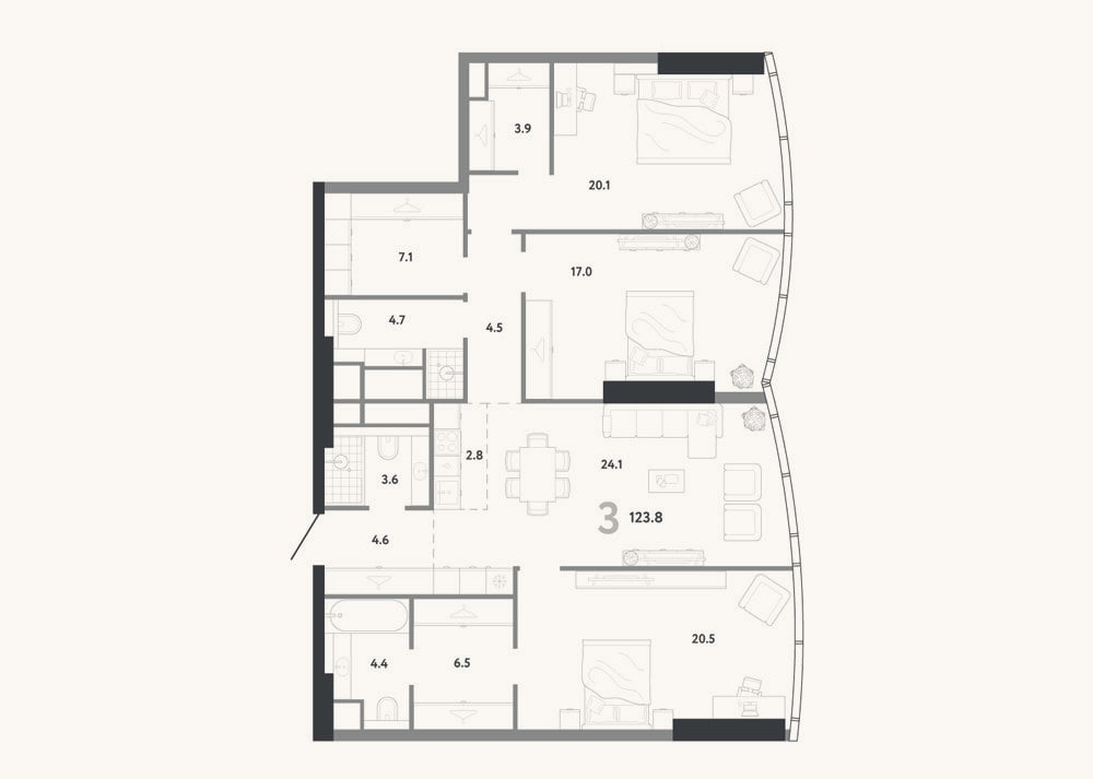 Планировка: 4+ к, 123,8 м²