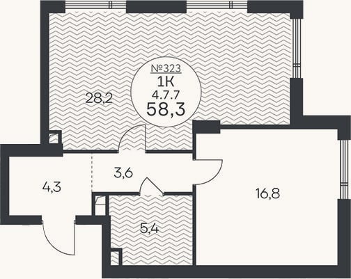 Планировка: 1-к, 58,3 м²
