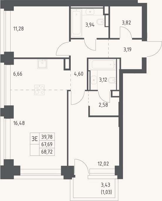 Планировка: 3-к, 67,7 м²