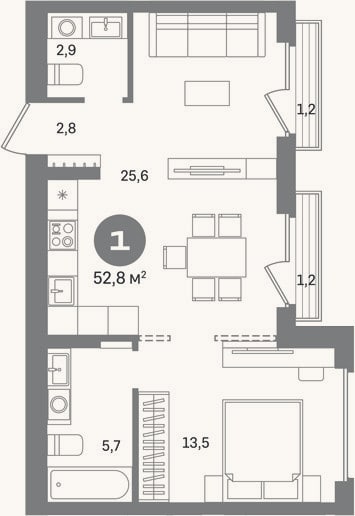 Планировка: 1-к, 50,4 м²