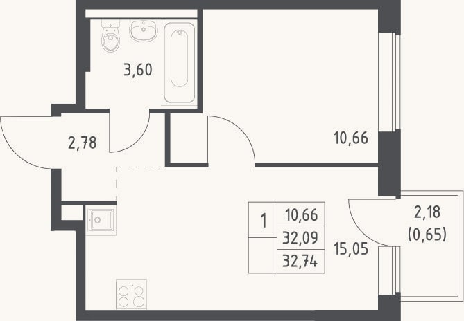 Планировка: 2-к, 32,1 м²
