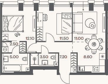 Планировка: 3-к, 61,4 м²