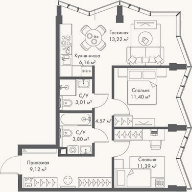 Планировка: 3-к, 62,7 м²