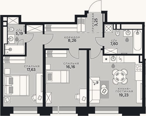 Планировка: 3-к, 77,3 м²