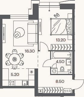 Планировка: 2-к, 47,7 м²
