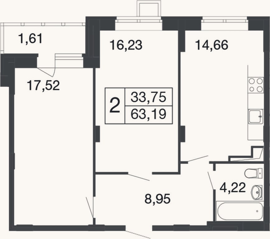Планировка: 2-к, 61,6 м²