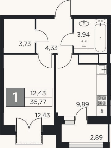 Планировка: 1-к, 34,3 м²