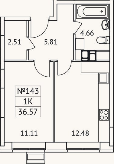 Планировка: 1-к, 36,6 м²