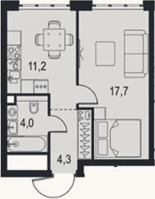 Планировка: 1-к, 37,2 м²
