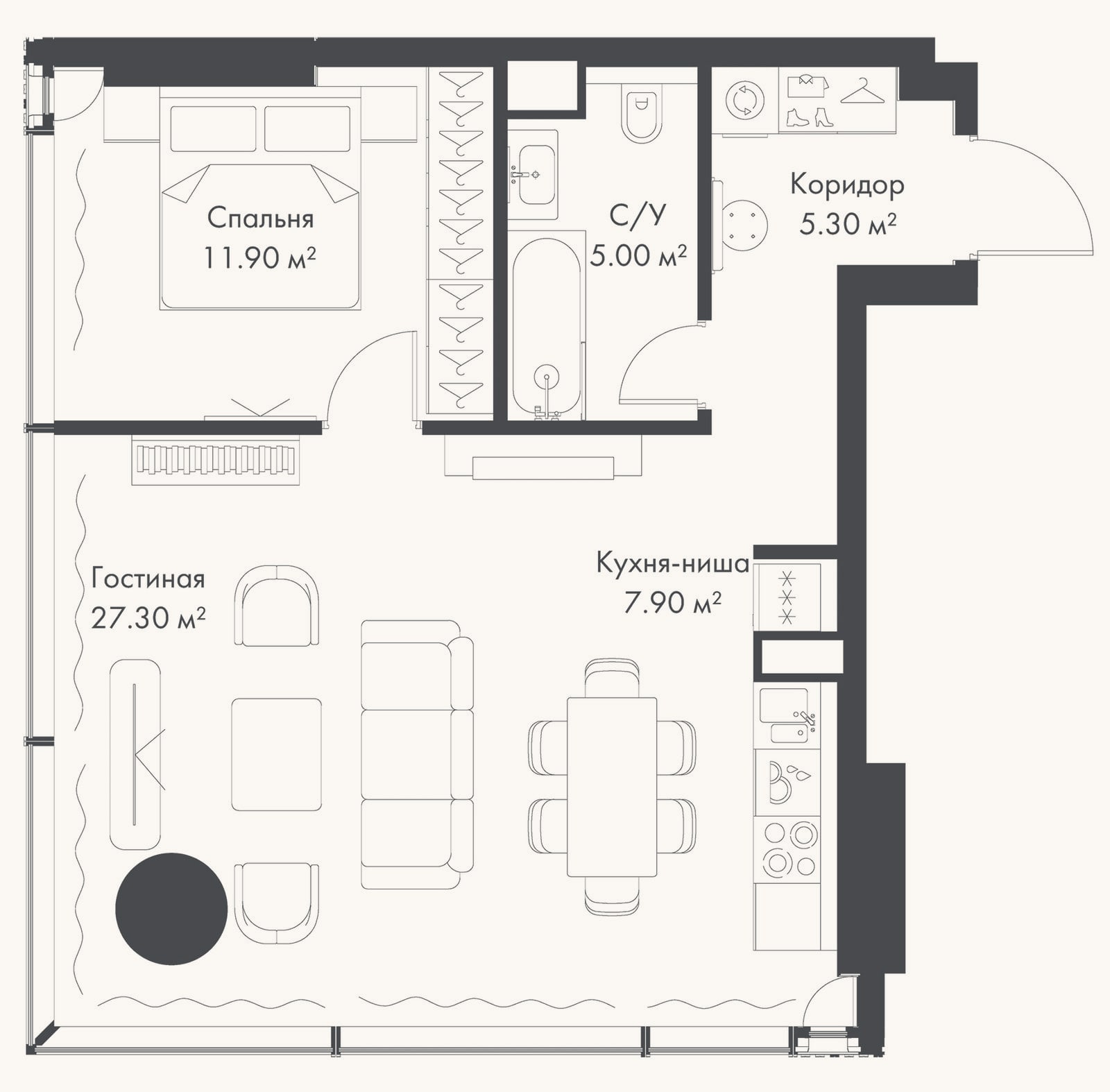 Планировка: 2-к, 57,4 м²