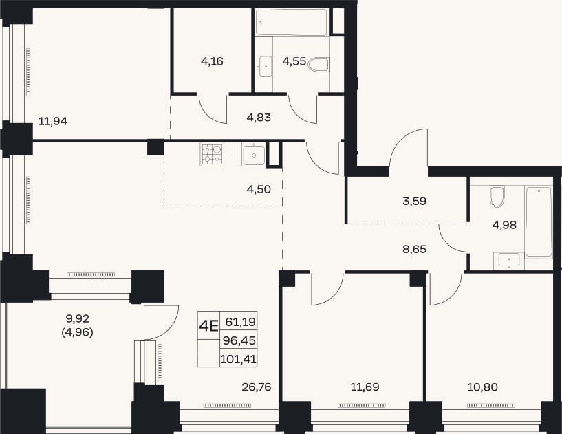 Планировка: 4+ к, 96,5 м²