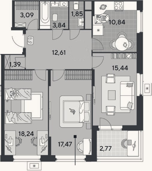 Планировка: 3-к, 84,8 м²