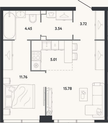 Планировка: 1-к, 44,3 м²