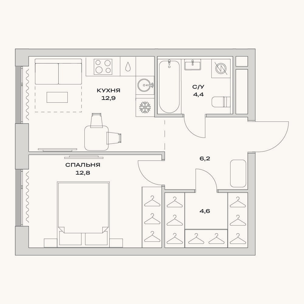 Планировка: 1-к, 40,9 м²
