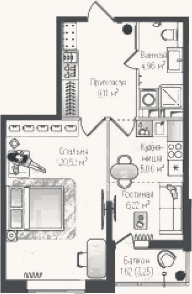 Планировка: 2-к, 45,9 м²