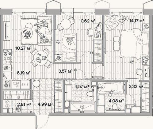 Планировка: 3-к, 64,6 м²