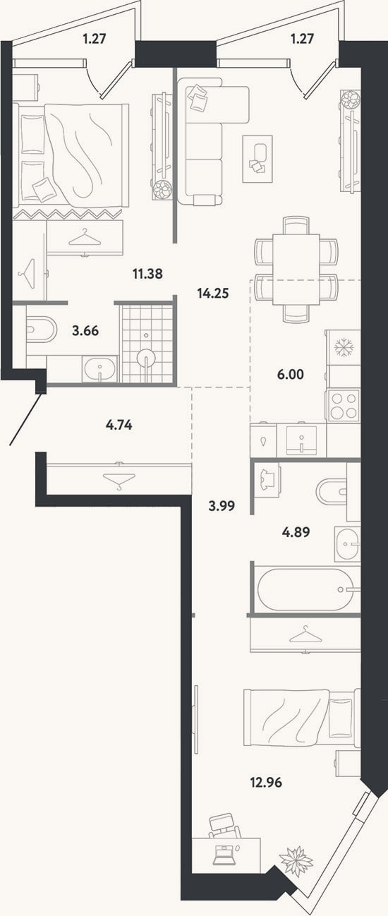 Планировка: 2-к, 61,9 м²
