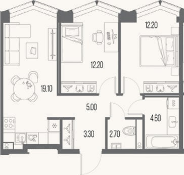 Планировка: 2-к, 59,1 м²