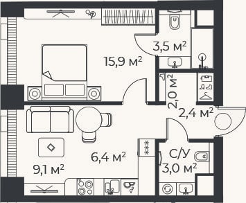 Планировка: 2-к, 39,5 м²