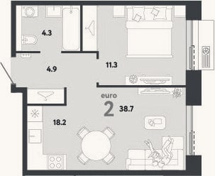 Планировка: 2-к, 38,7 м²