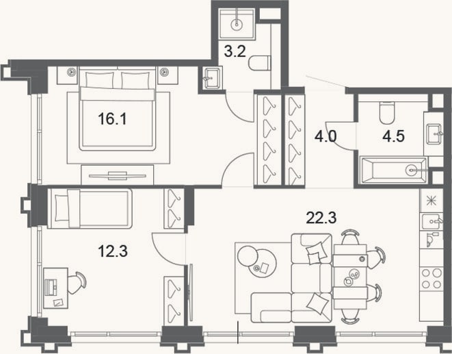 Планировка: 3-к, 62,4 м²