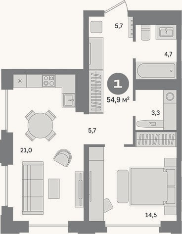 Планировка: 1-к, 54,7 м²