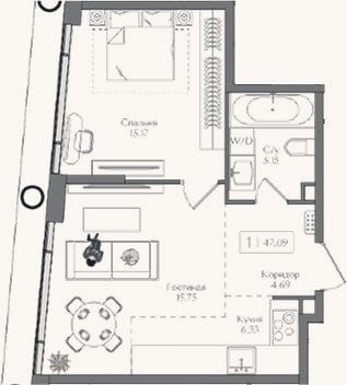 Планировка: 2-к, 47,1 м²