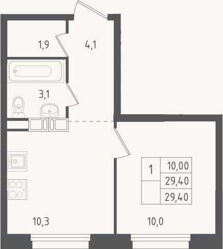 Планировка: 1-к, 29,4 м²