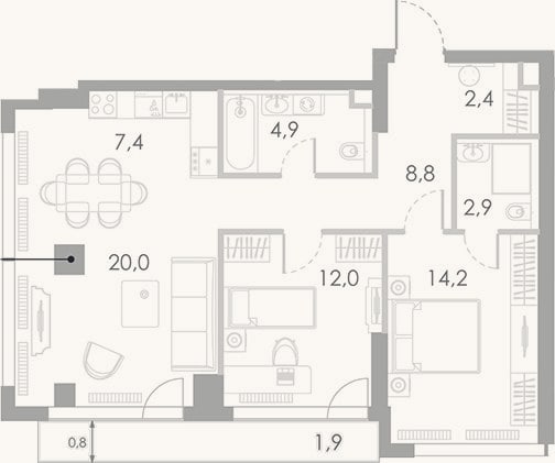 Планировка: 3-к, 72,6 м²