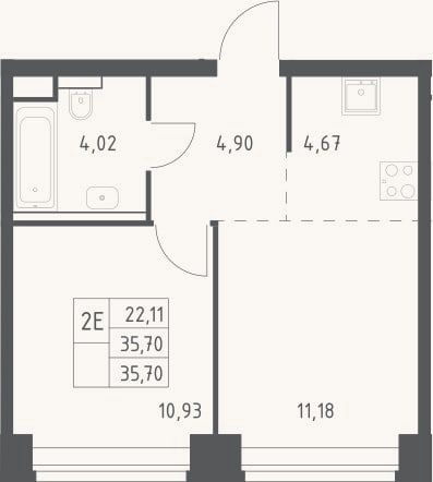 Планировка: 2-к, 35,7 м²