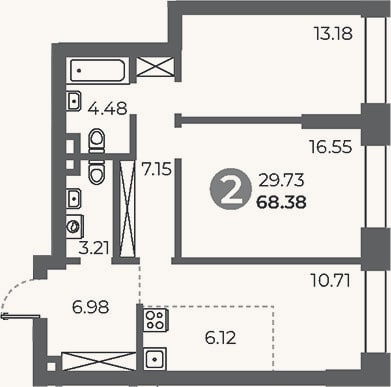 Планировка: 2-к, 68,4 м²