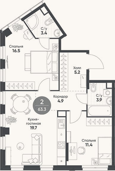 Планировка: 3-к, 63,3 м²