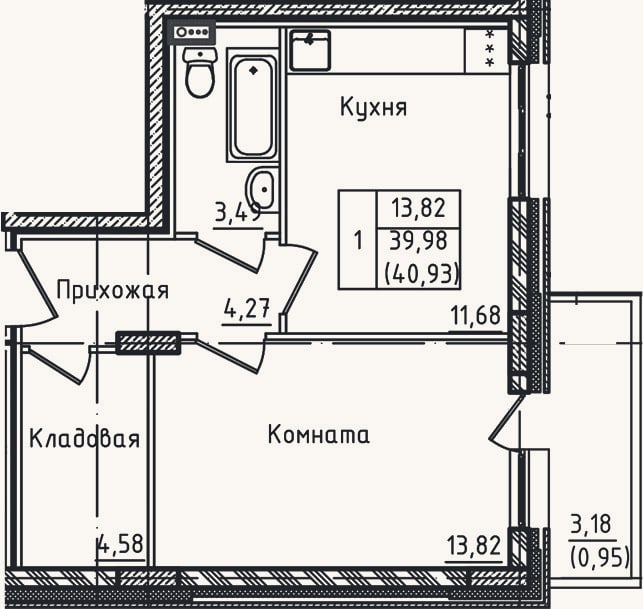 Планировка: 1-к, 40 м²