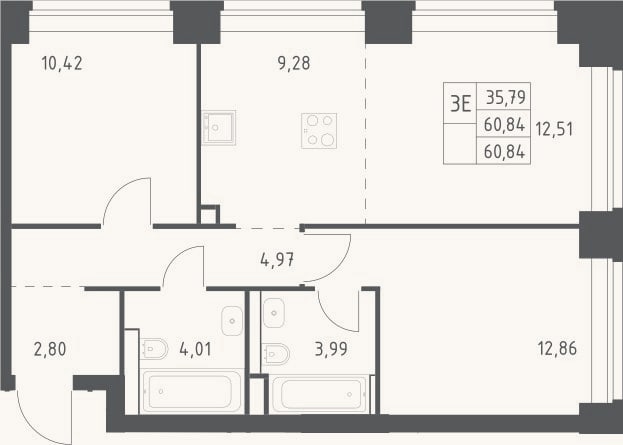 Планировка: 3-к, 60,8 м²
