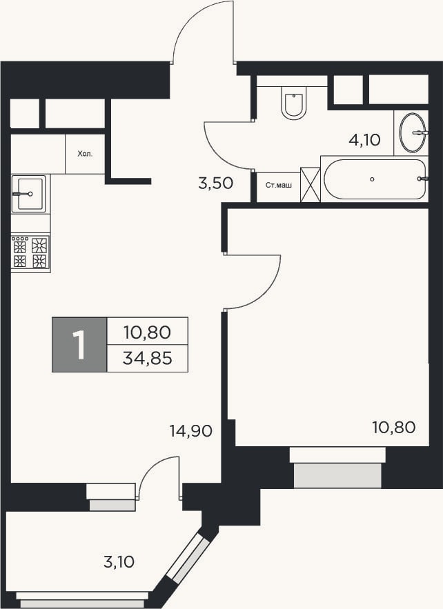 Планировка: 1-к, 33,3 м²