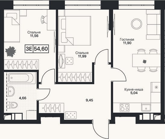 Планировка: 3-к, 54,6 м²