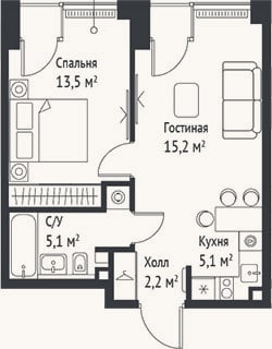 Планировка: 2-к, 41 м²