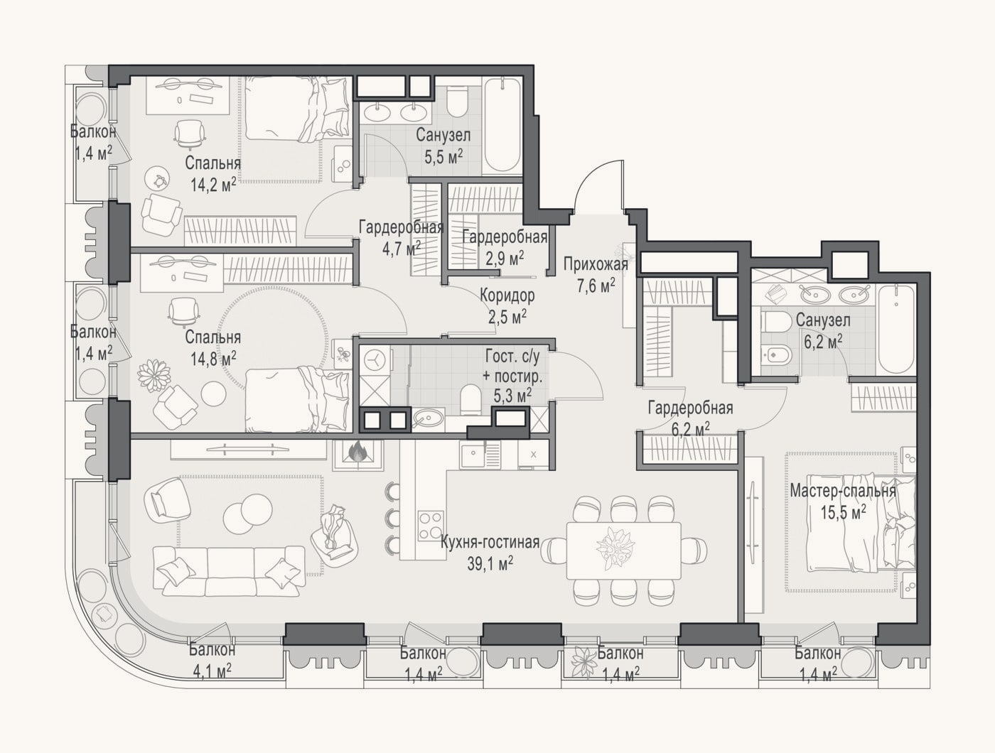Планировка: 4+ к, 124,7 м²