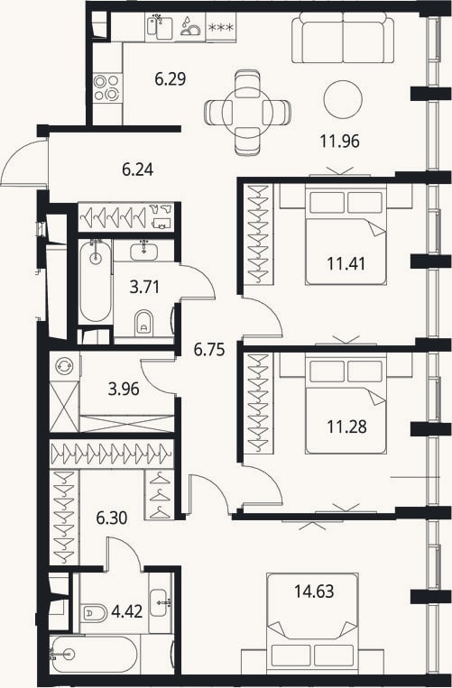 Планировка: 4+ к, 87 м²