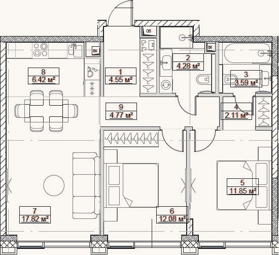 Планировка: 3-к, 67,5 м²