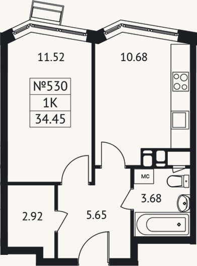 Планировка: 1-к, 34,5 м²