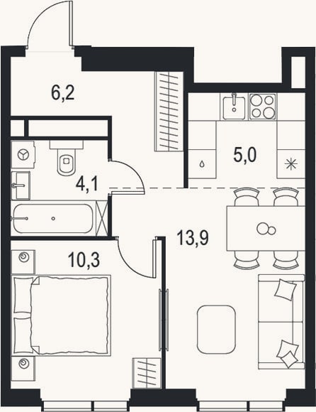 Планировка: 2-к, 39,5 м²