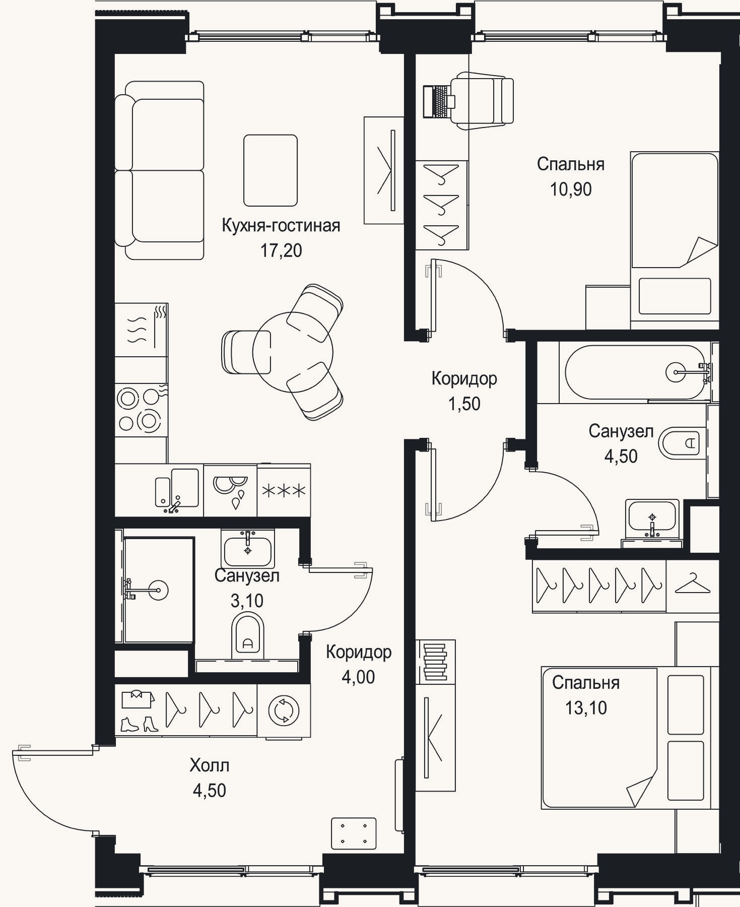 Планировка: 3-к, 58,8 м²