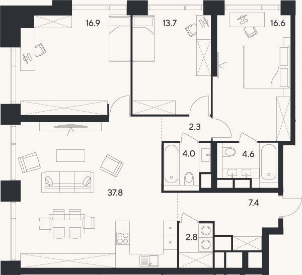 Планировка: 4+ к, 106,1 м²